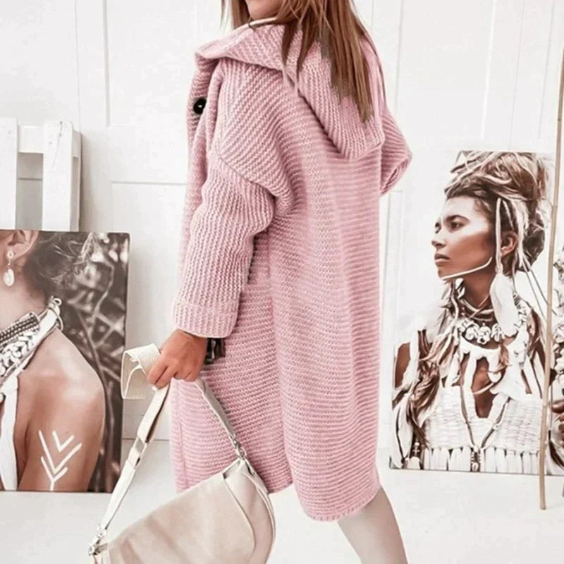 Gemütliche Damen Cardigan mit Kapuze Langform in Rosa 2