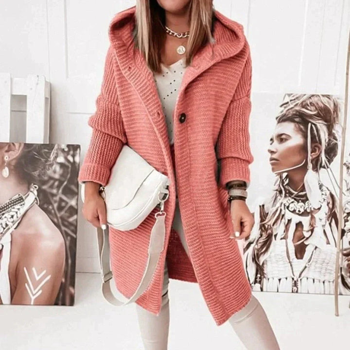 Gemütliche Damen Cardigan mit Kapuze Langform in Rot