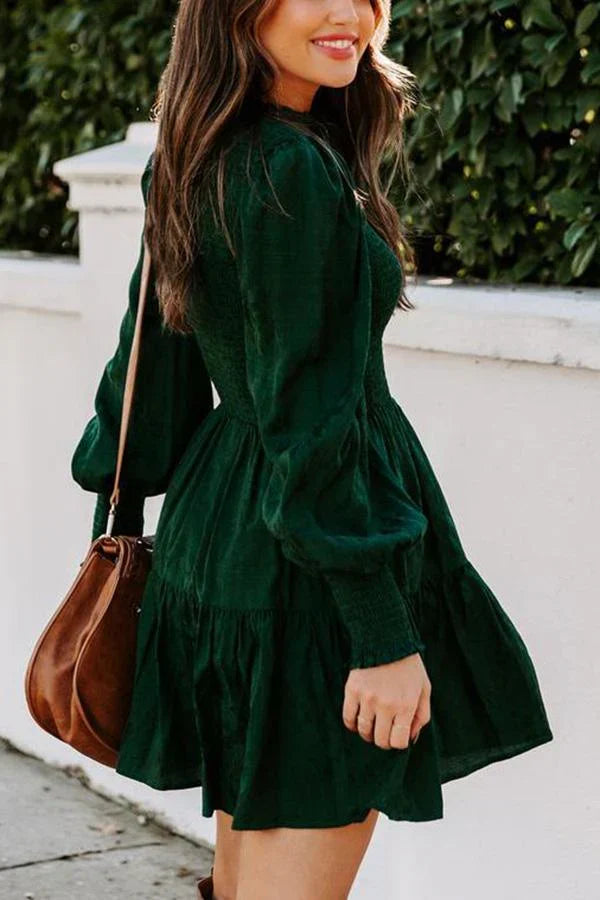 Gesmoktes Kleid mit langen Ärmeln en Smaragdgrün