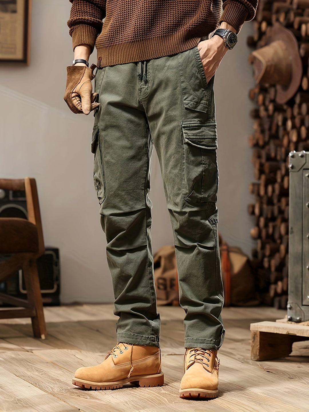 Herren Baggy Cargo-Hose für jeden Tag in Olivegrün