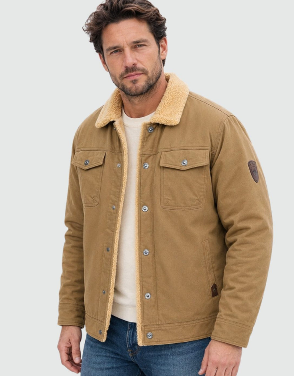 Herren Jacke aus Canvas mit Sherpa-Futter in Khaki