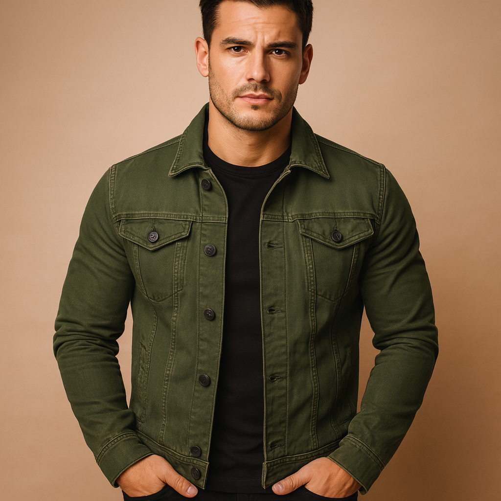 Herren Jacke aus Denim im klassischen Trucker-Stil in Olivgrün