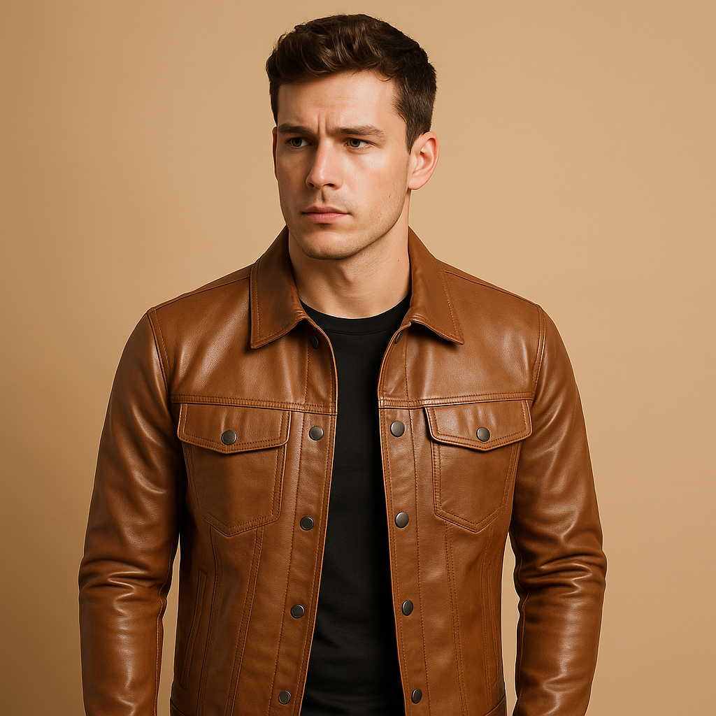Herren Jacke aus Kunstleder im Trucker-Stil in Braun