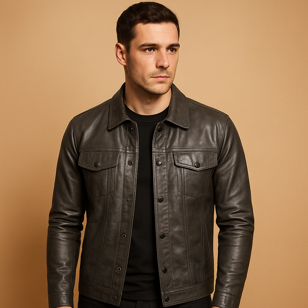 Herren Jacke aus Kunstleder im Trucker-Stil in Dunkelgrau