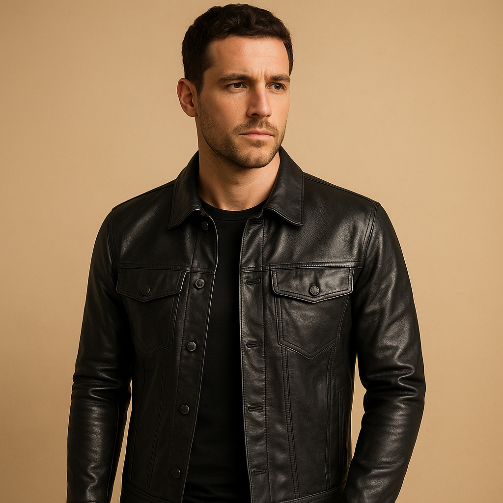 Herren Jacke aus Kunstleder im Trucker-Stil in Schwarz