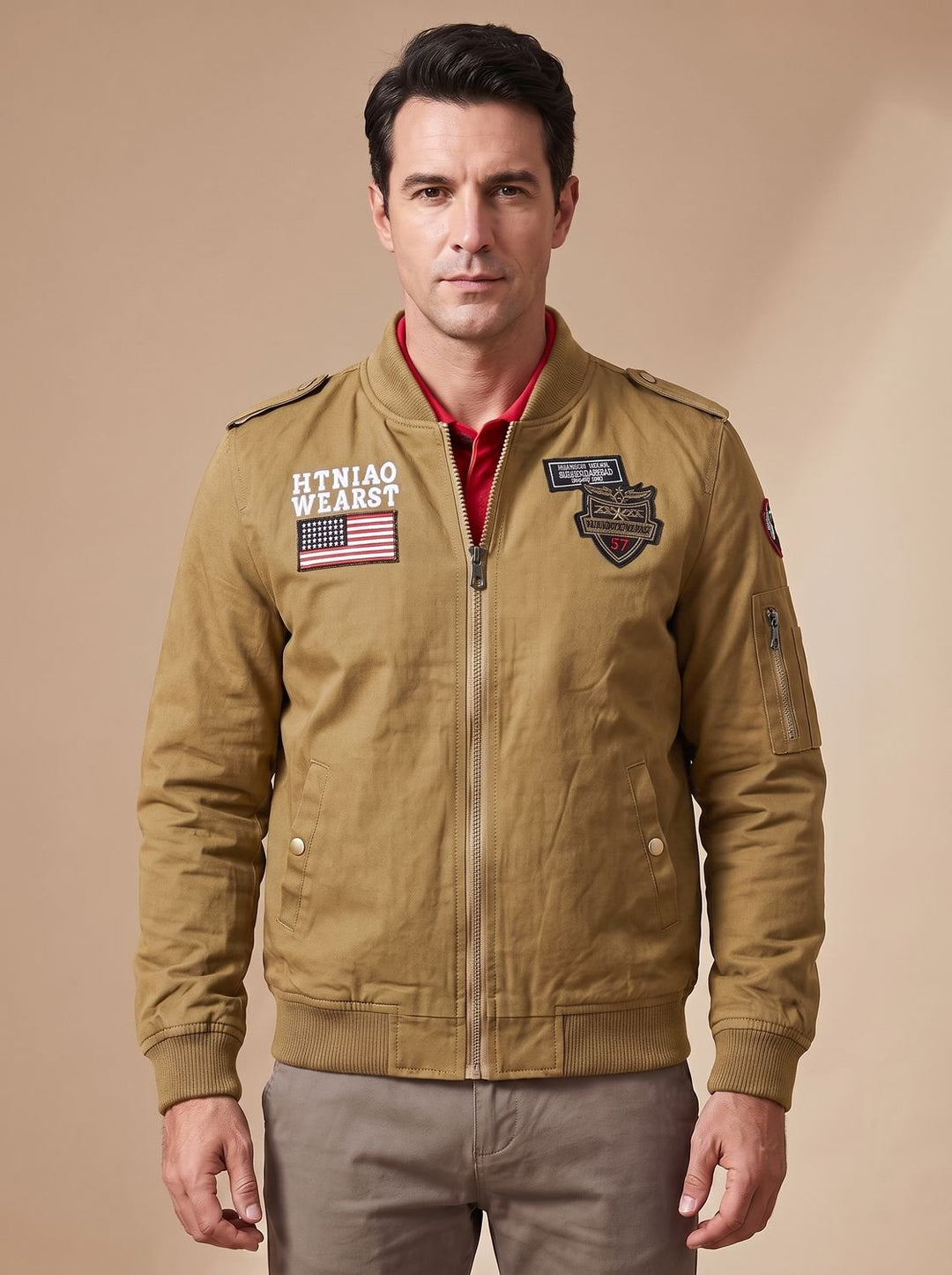 Herren Jacke im Militär-Stil mit Patches in Dark Khaki