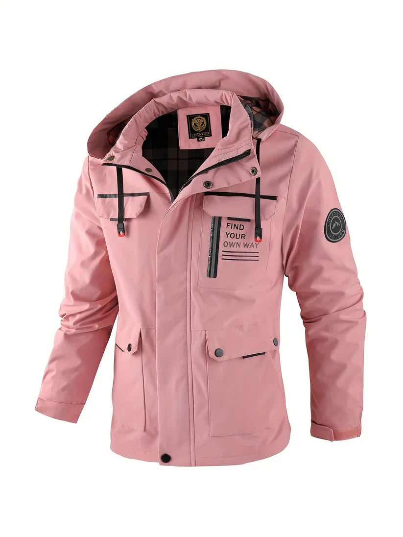 Herren Jacke Outdoor wasserdicht mit Kapuze in Rosa