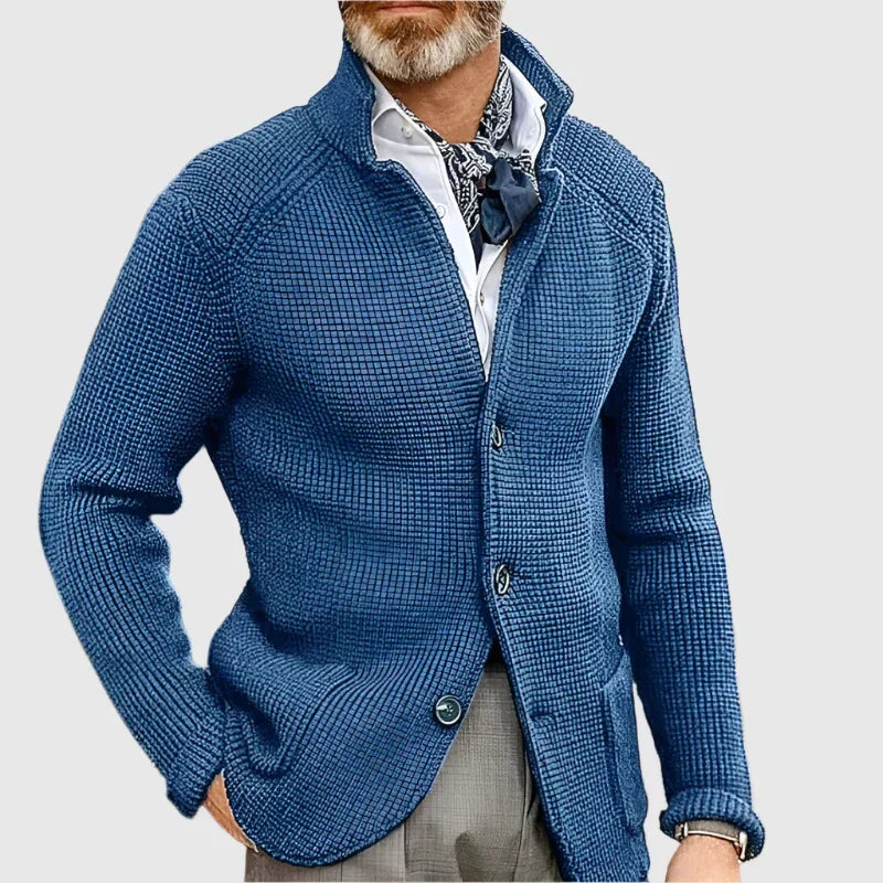 Herren Pullover mit Waffelpiqué und Stehkragen in Blau