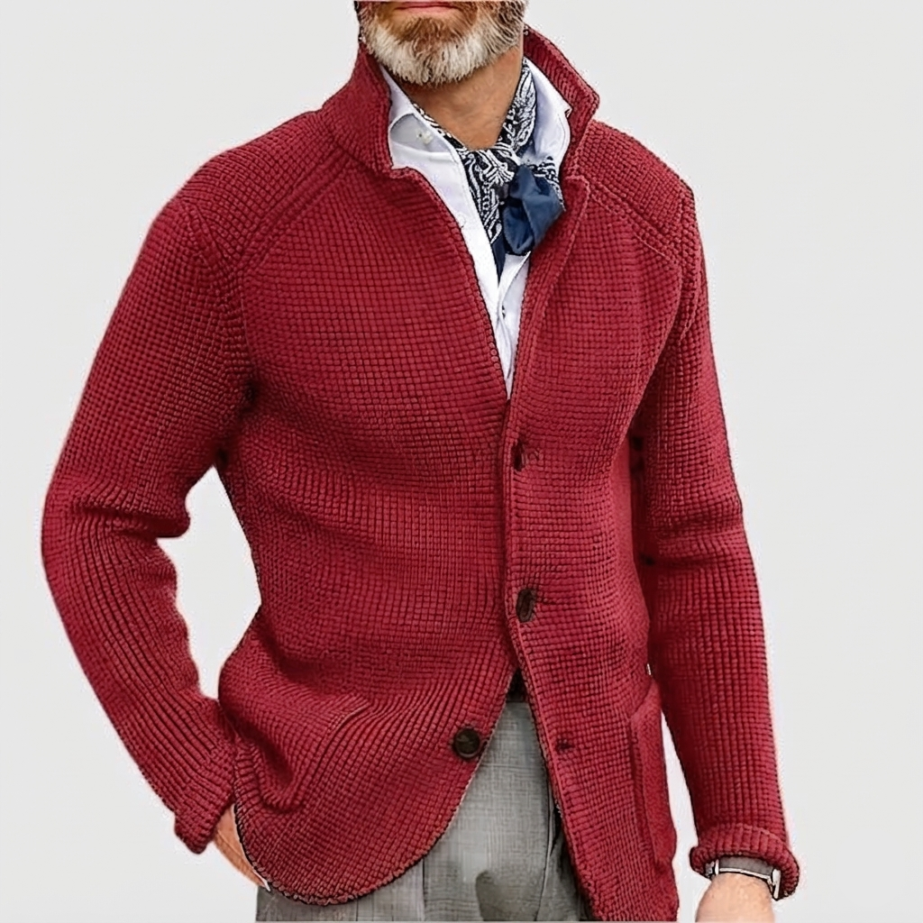 Herren Pullover mit Waffelpiqué und Stehkragen in Bordeaux