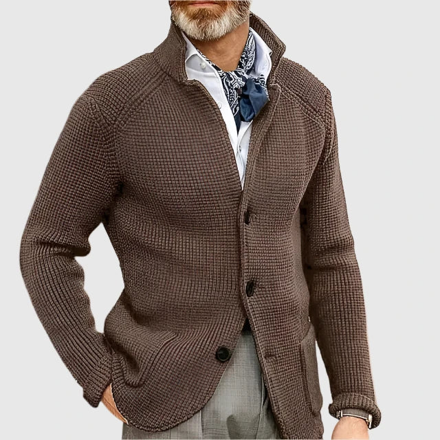 Herren Pullover mit Waffelpiqué und Stehkragen in Coffee