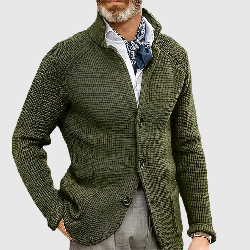 Herren Pullover mit Waffelpiqué und Stehkragen in Olivgrün