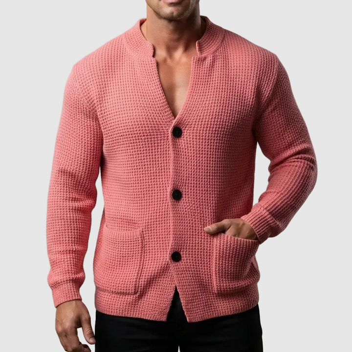 Herren Pullover mit Waffelpiqué und Stehkragen in Rosa