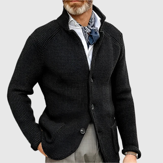 Herren Pullover mit Waffelpiqué und Stehkragen in Schwarz
