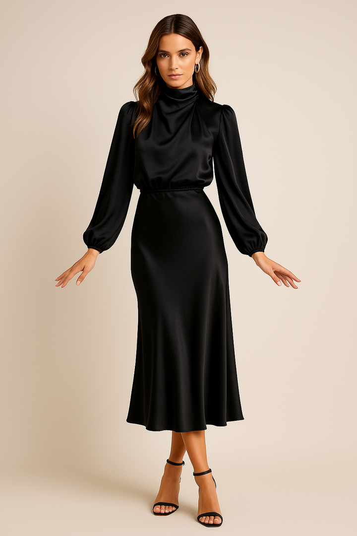 High Waist Midi Dress weddingguest en Negro