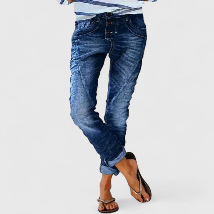 Jeans Mujer Ajustados Desgastados Elásticos en Azul oscuro