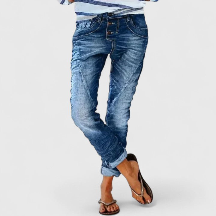 Jeans Mujer Ajustados Desgastados Elásticos en Mittelblau