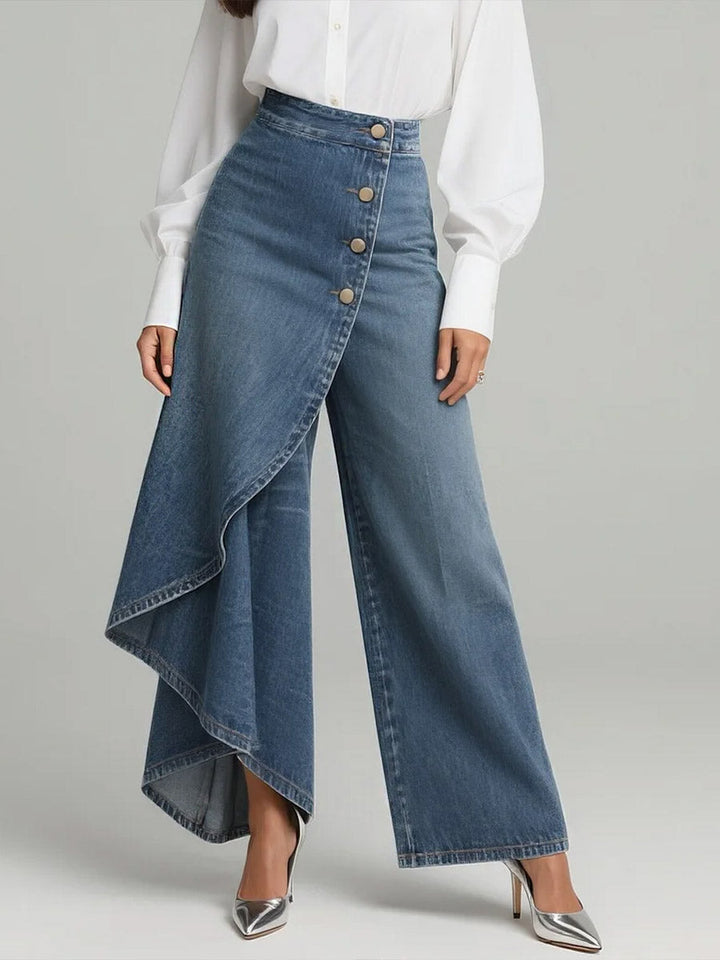 Jeans Mujer Cintura Alta Pierna Ancha Relajado en Azul