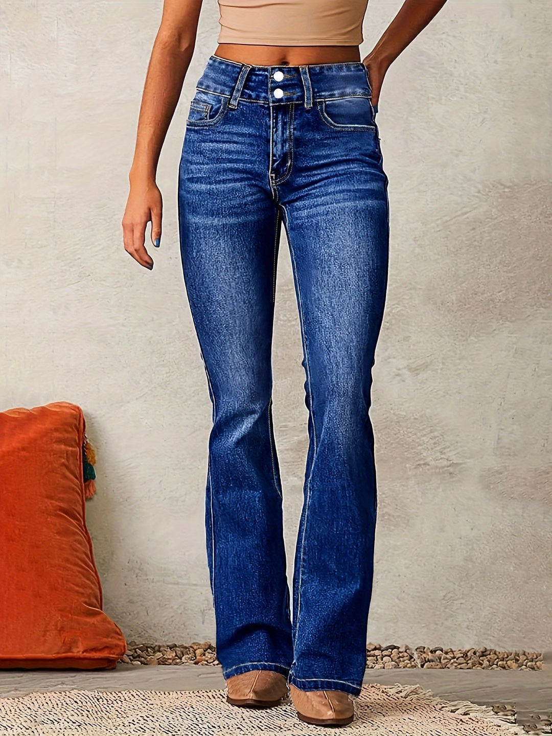 Jeans Mujer de Cintura Alta Pierna Ancha en Azul oscuro