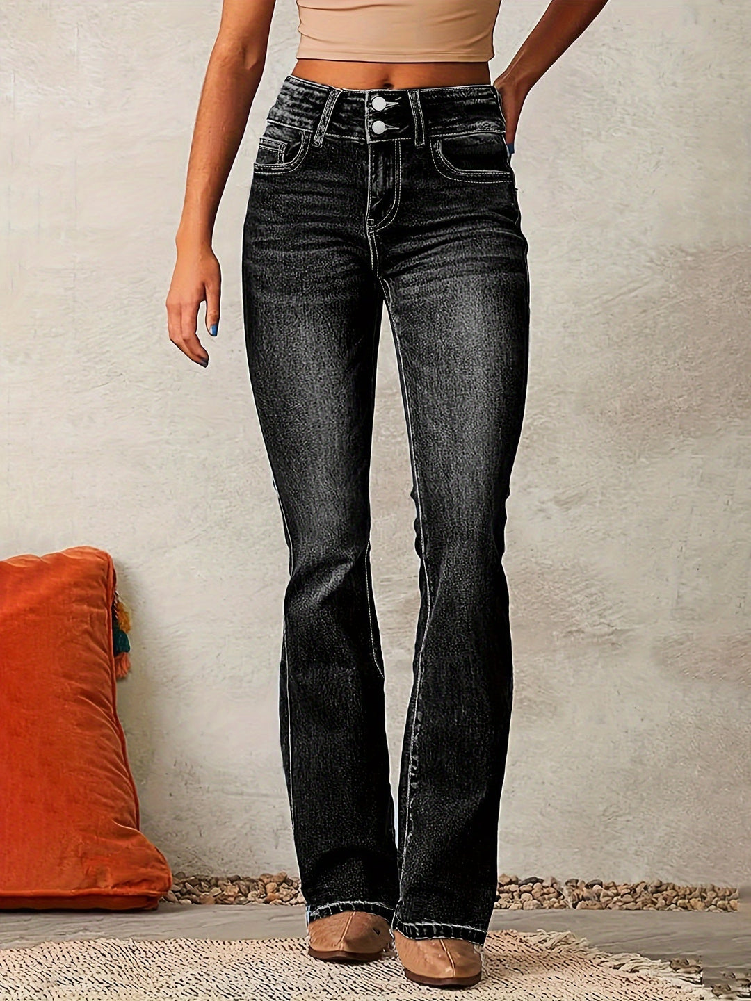 Jeans Mujer de Cintura Alta Pierna Ancha en Negro
