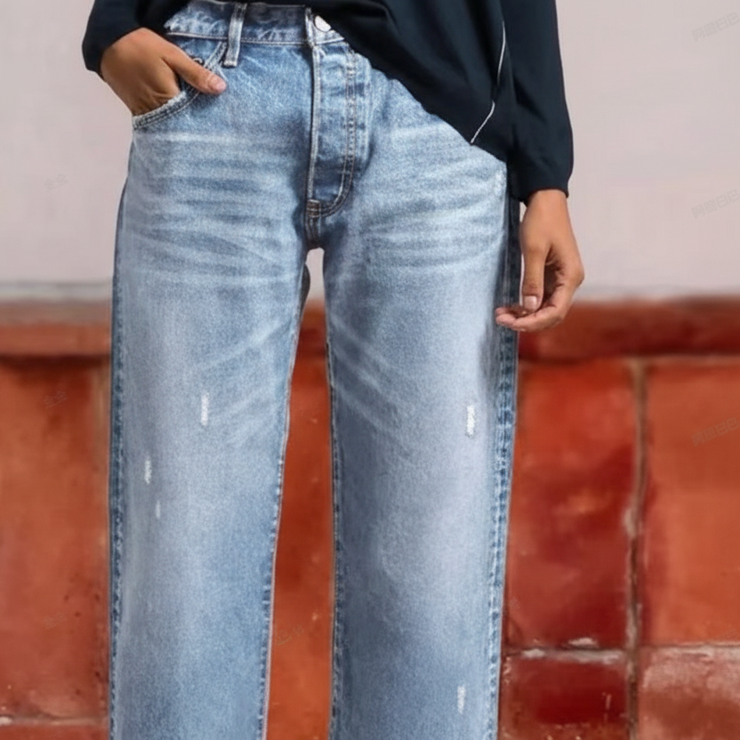 Jeans Rectos Cortos Retro para Mujer en Azul claro