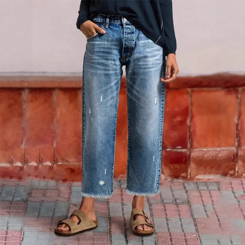 Jeans Rectos Cortos Retro para Mujer en Klassisches Blau
