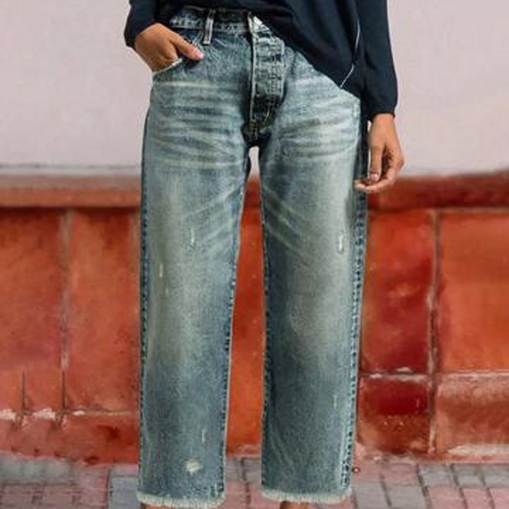 Jeans Retro Cortos Rectos para Mujer en Mittelblau