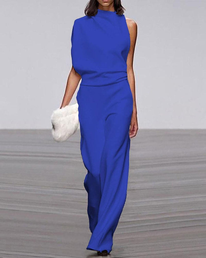 Jumpsuit Mujer Asimétrico con Pierna Ancha en Azul
