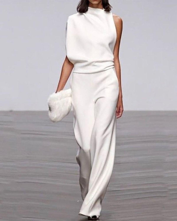 Jumpsuit Mujer Asimétrico con Pierna Ancha en Blanco