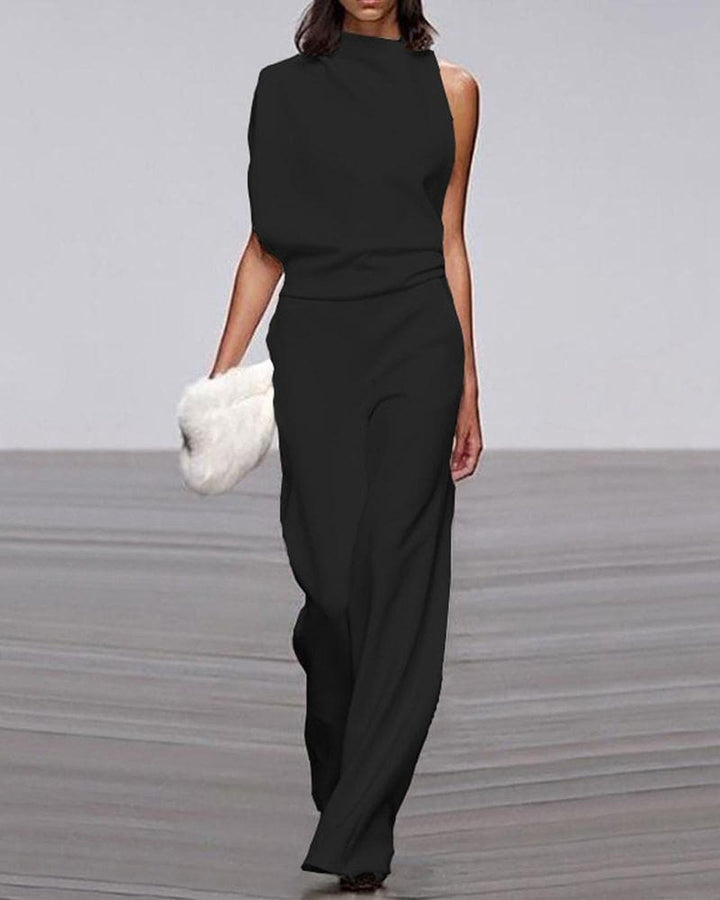 Jumpsuit Mujer Asimétrico con Pierna Ancha en Negro