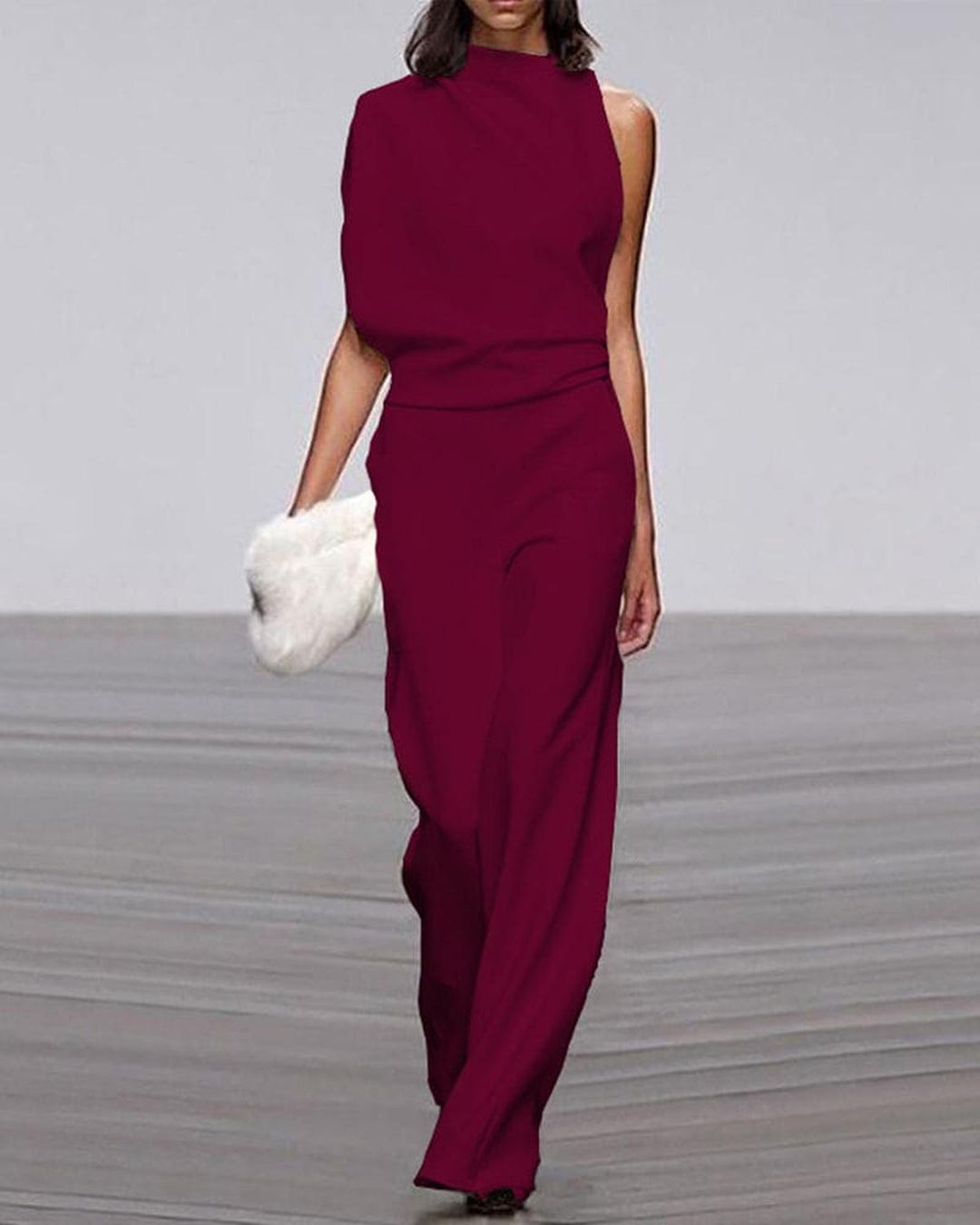 Jumpsuit Mujer Asimétrico con Pierna Ancha en Rojo oscuro