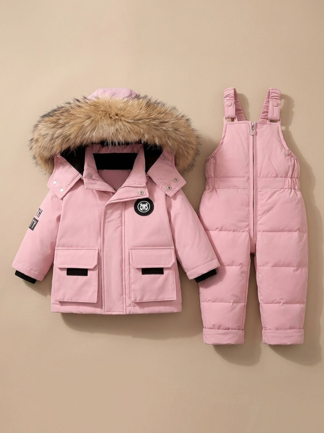 Kinder Schneeanzug Wintermantel mit Kunstfellfutter in Rosa