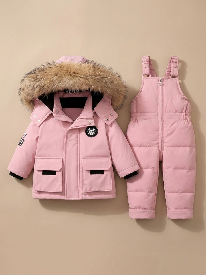 Kinder Schneeanzug Wintermantel mit Kunstfellfutter in Rosa