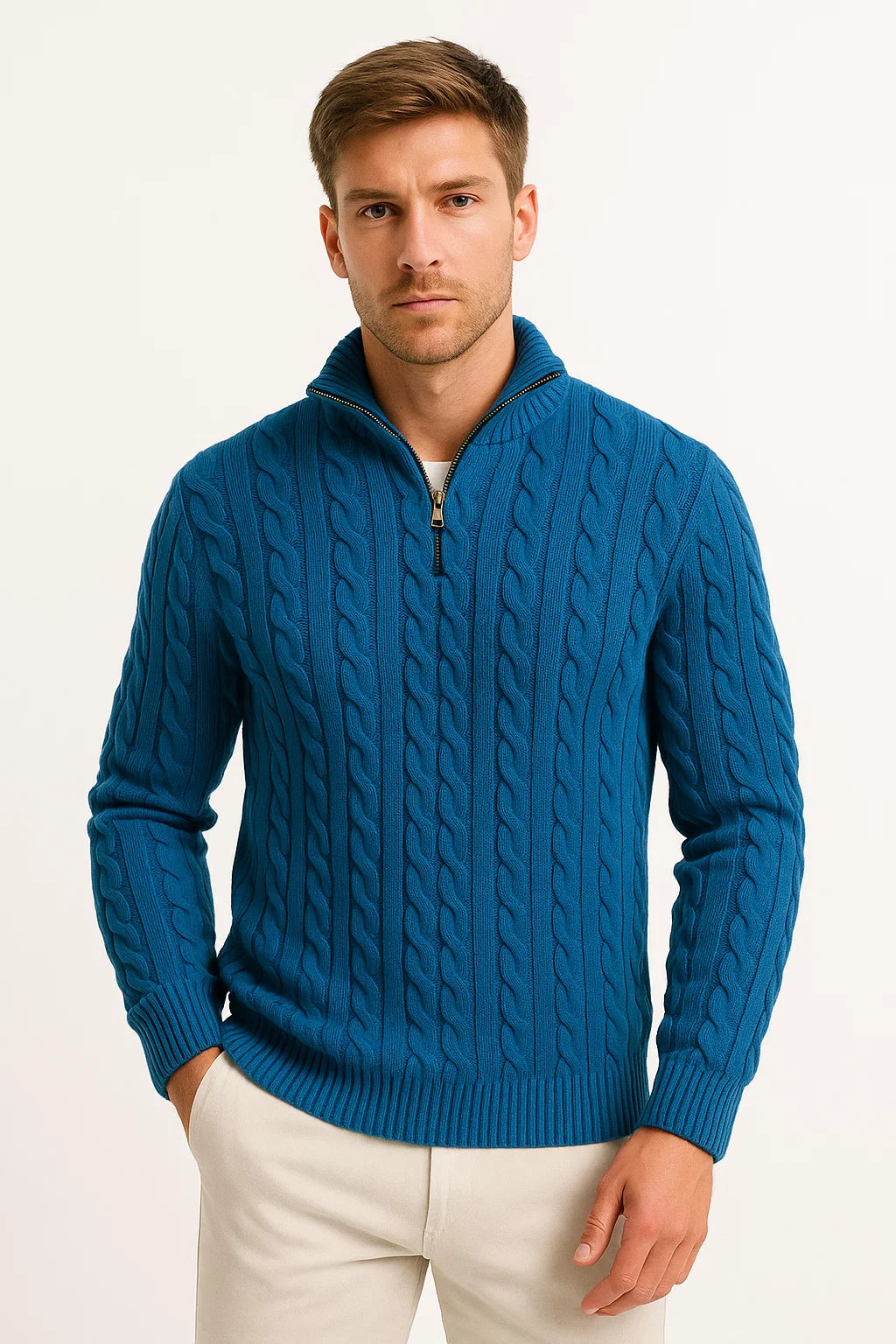 Klassischer Herren Pullover mit Zopfmuster in Dunkelpetrol