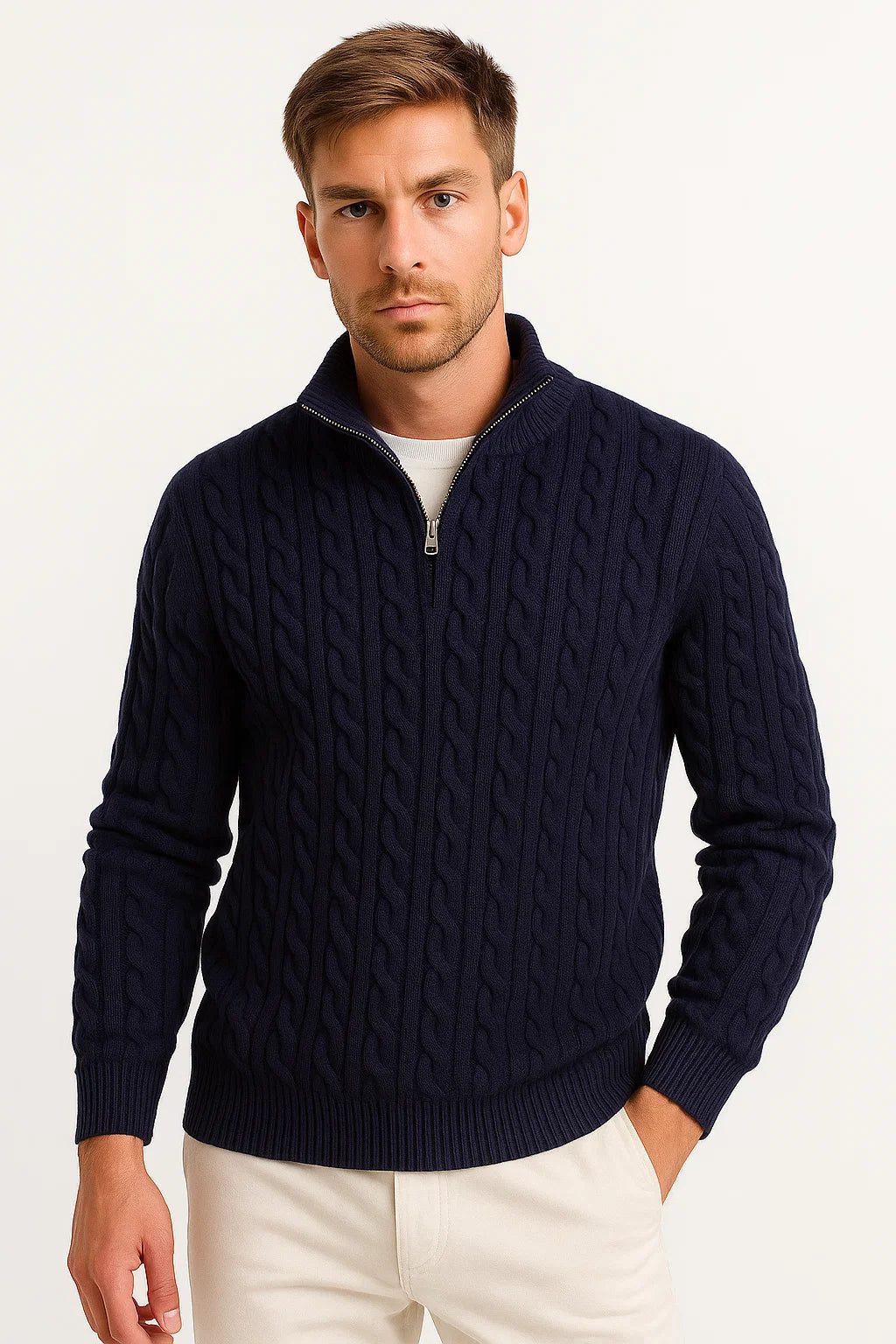 Klassischer Herren Pullover mit Zopfmuster in Marineblau