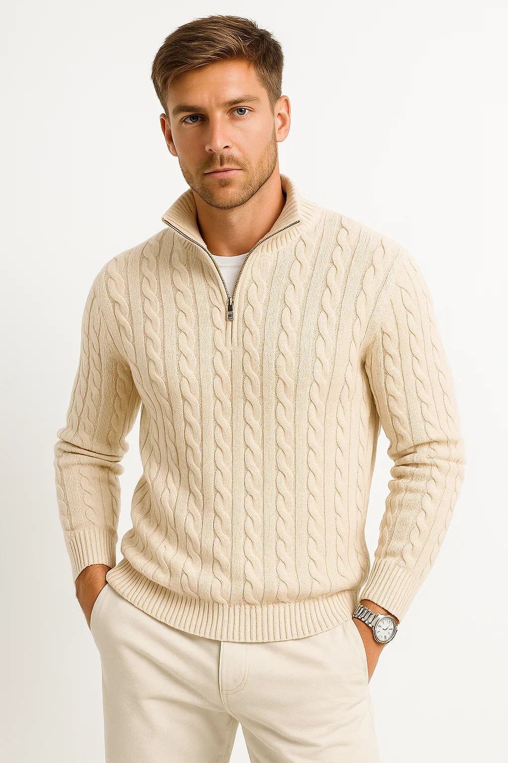 Klassischer Herren Pullover mit Zopfmuster in Vanillebeige