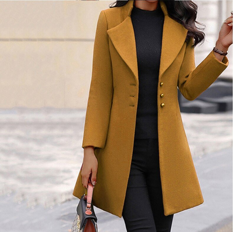 Lange elegante Damenjacke für den Herbst in Gelb