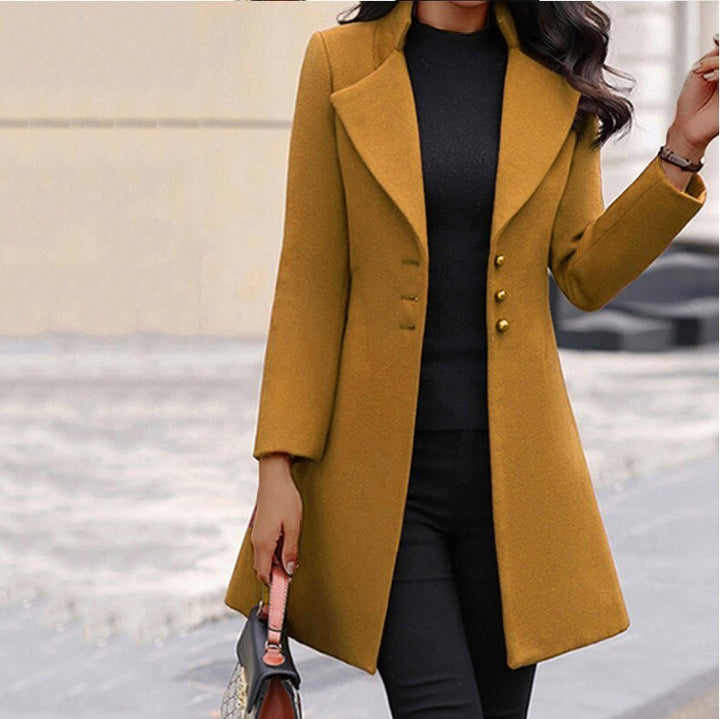 Lange elegante Damenjacke für den Herbst in Gelb