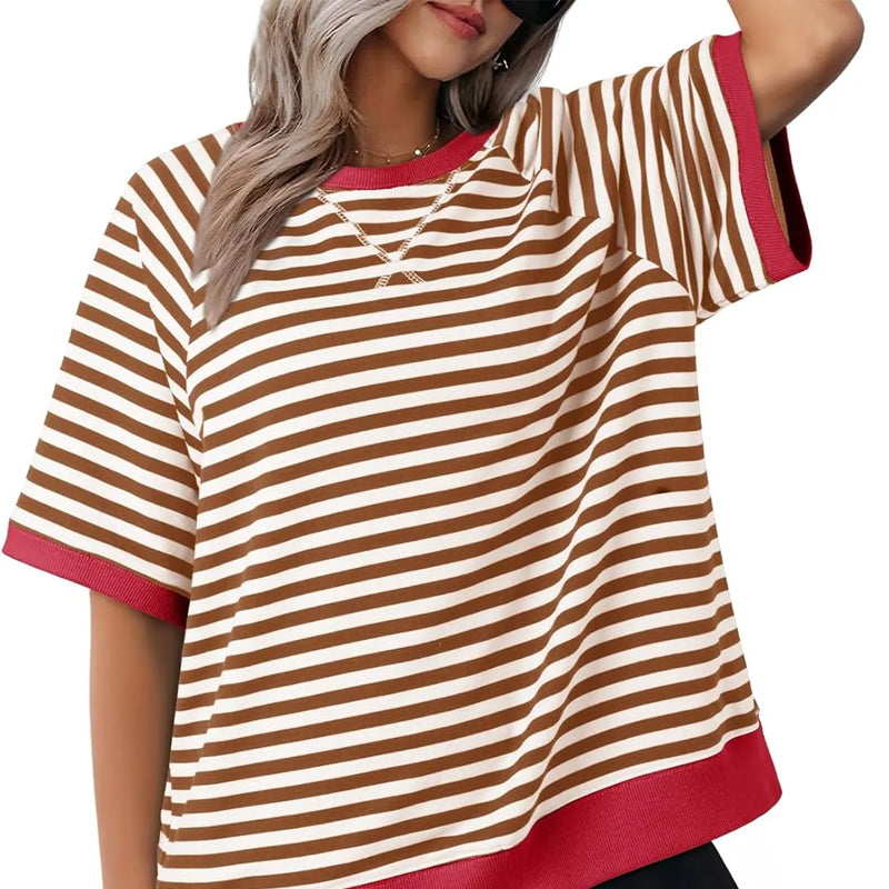 Lässiges Gestreiftes T-shirt Womens t-shirt en Braun + Rot
