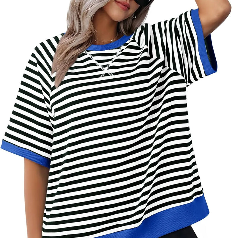 Lässiges Gestreiftes T-shirt Womens t-shirt en Schwarz + Blau