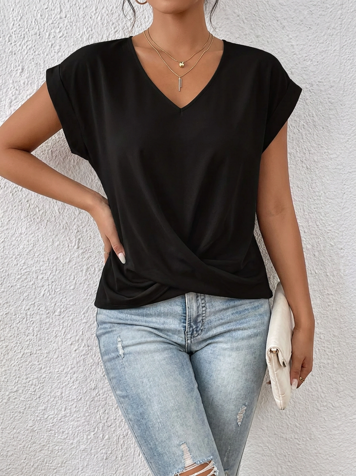 Lässiges T-Shirt mit V-Ausschnitt Womens en Negro