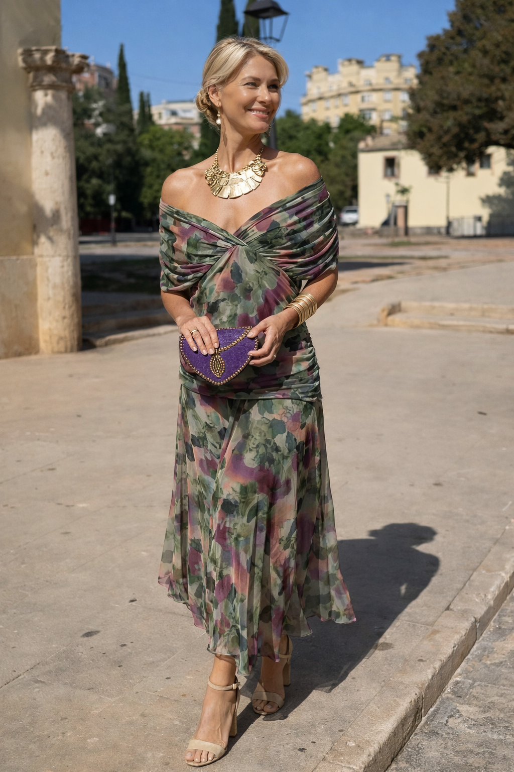 Maxikleid für Feste mit V-Ausschnitt Beach en Blumenstrauß