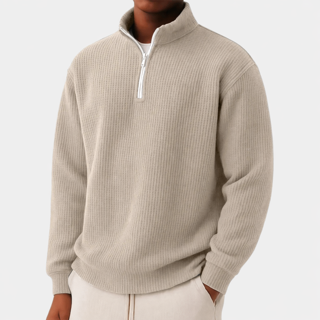 Moderner eleganter Pullover Herren mit Reißverschlusskragen in Beige