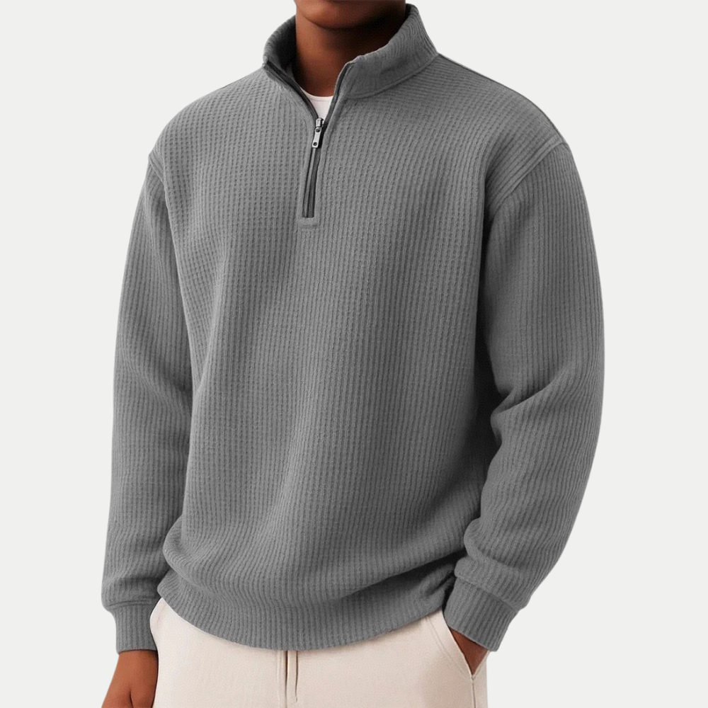 Moderner eleganter Pullover Herren mit Reißverschlusskragen in Dunkelgrau