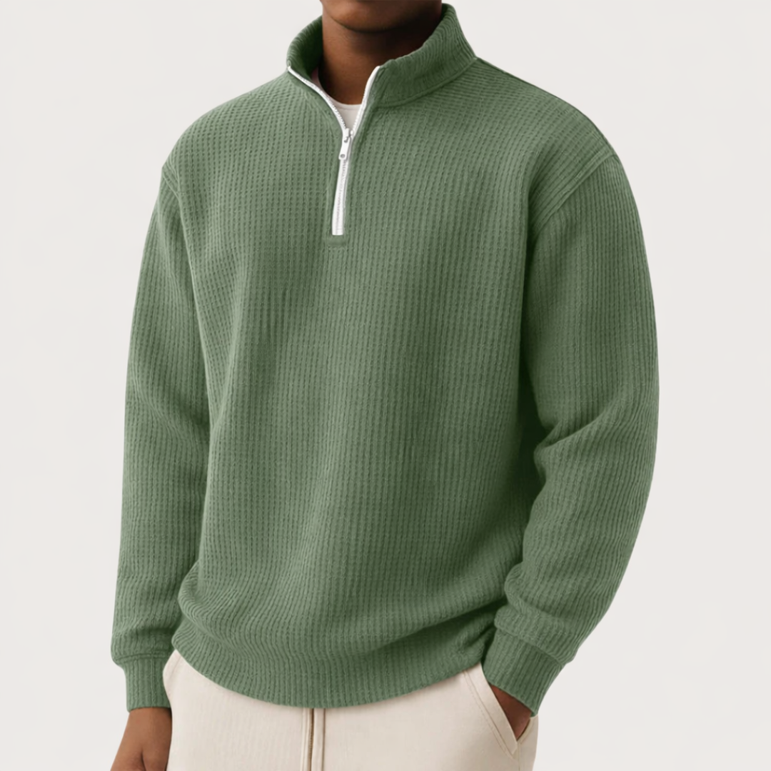 Moderner eleganter Pullover Herren mit Reißverschlusskragen in Grün