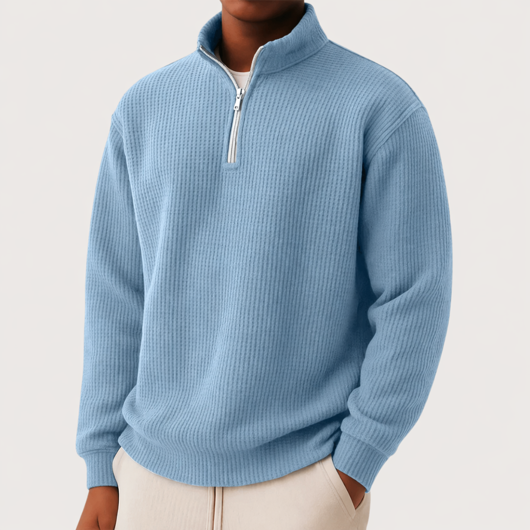 Moderner eleganter Pullover Herren mit Reißverschlusskragen in Hellblau