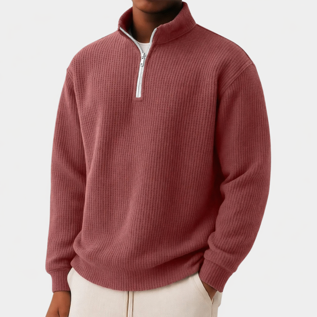 Moderner eleganter Pullover Herren mit Reißverschlusskragen in Rot