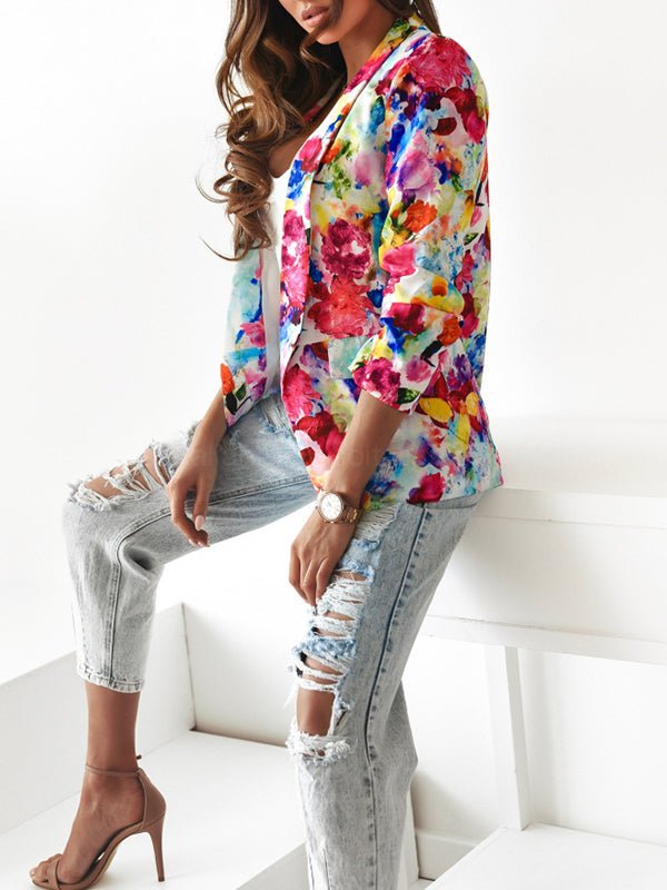 Mujer Blazer Elegante con Estampado Floral en Rojo