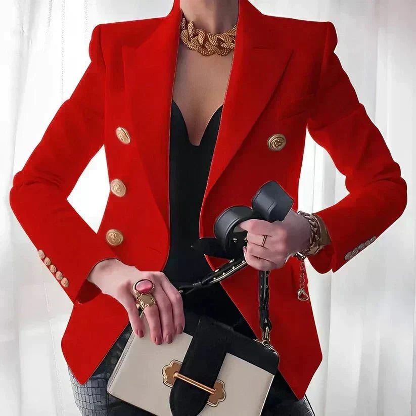 Mujer Blazer Elegante de Doble Botonadura en Rojo
