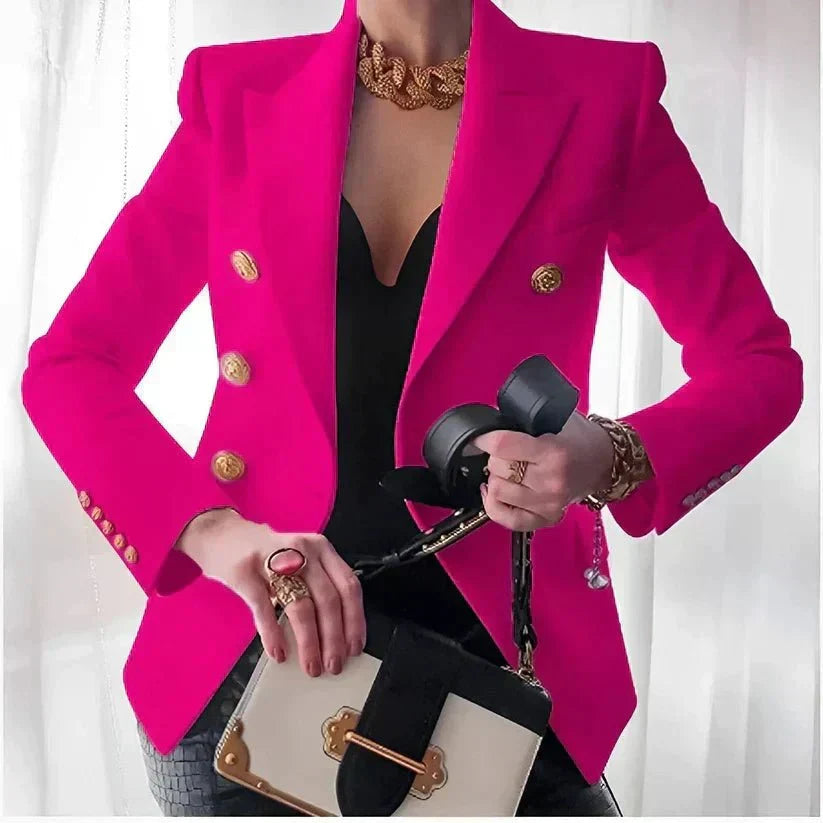 Mujer Blazer Elegante de Doble Botonadura en Rosa
