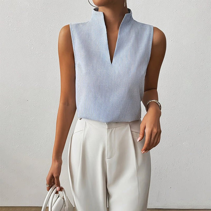 Mujer Blusa de Algodón Rayada Profesional en Azul